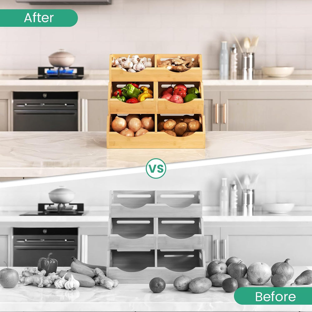 Onion Storage Bins Potato, 3 Tier Bamboo Pantry Storage Bin Stackable Ventila...