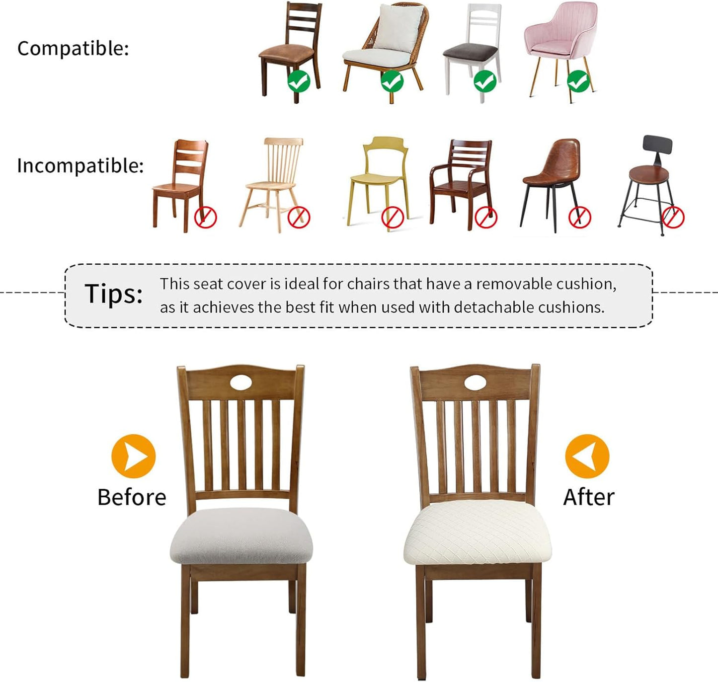Fuloon Stretch Chair Seat Covers 6 PCS, Removable Washable Dining Chair Covers Anti-Dust Dining Room Seat Cushion Slipcovers (6, Beige)