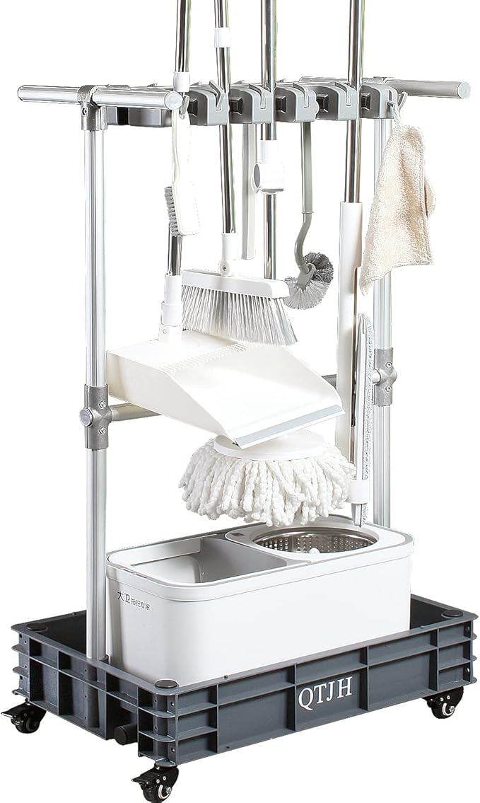 Broom mop holder cleaning supplies organizer janitorial carts on wheels by QTJH