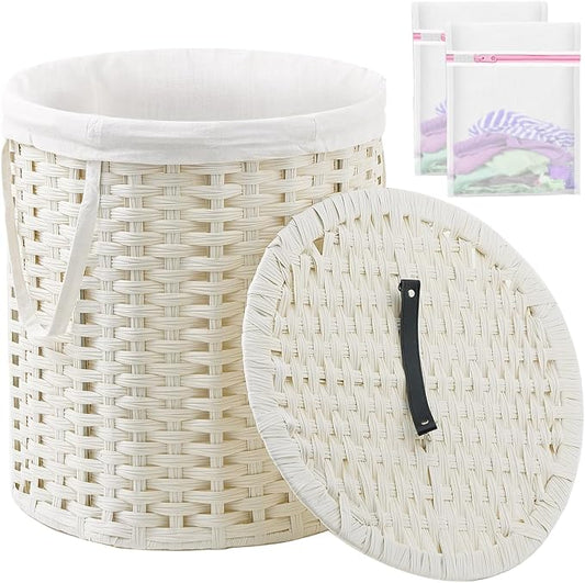 Laundry Hamper with Lid Wicker Laundry Hamper Round 26.5 Gal Laundry Basket by SETVSON