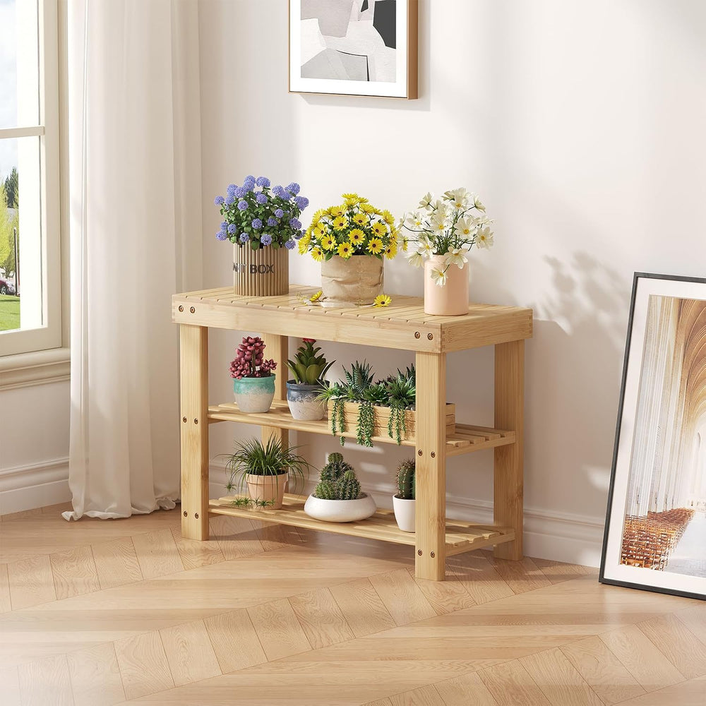 NEWBULIG Shoe Rack Bench, 3-Tier Bamboo Organizer, 11x28x18in, Wood