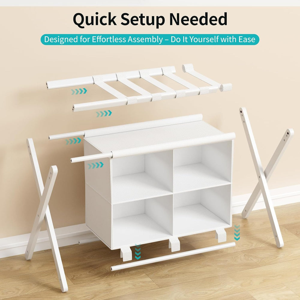 White Bamboo Luggage Rack with 4 Storage Compartments, Foldable Suitcase Stan...