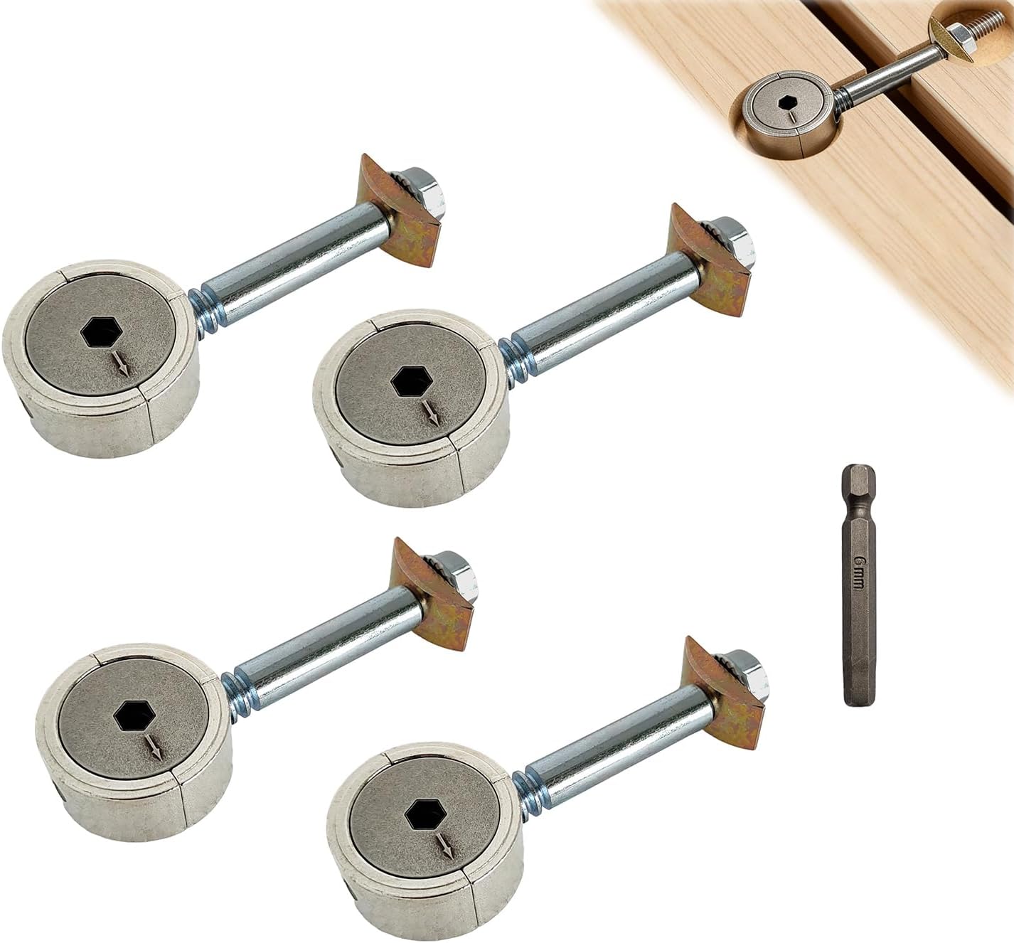 Countertop Miter Connector, Furniture Joining Kit with 6 mm Hex Bit, for Drawbolt, Butcher Block, Bed, Quick One-Hand Fastening, 4 Pack