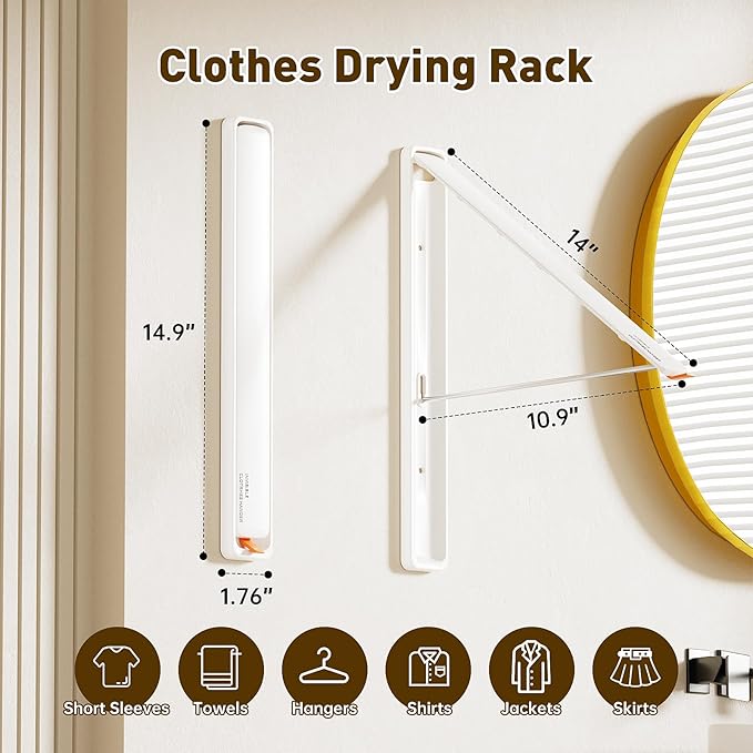 Clothes Drying Rack, Laundry Room Wall Mounted Retractable Clothes Hanger - Image 3