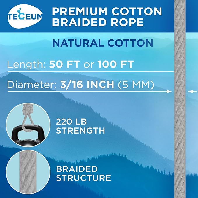 TECEUM Cotton Rope 3/16” – 50 FT – Strong All-Purpose Braided Rope – Natural - Image 2