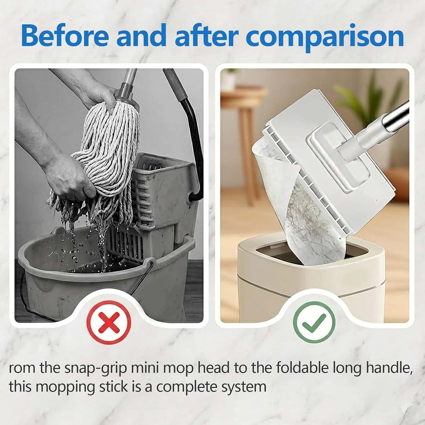 Snap Grip Mini Mop, Hands Free Multi Purpose Flat Mop, Upgraded Disposable Dust, Zero Touch Mini Mops, Convenient Cloth Changing Mops, Foldable Adjustable Long Handle (1pc+ 5 Cloths)