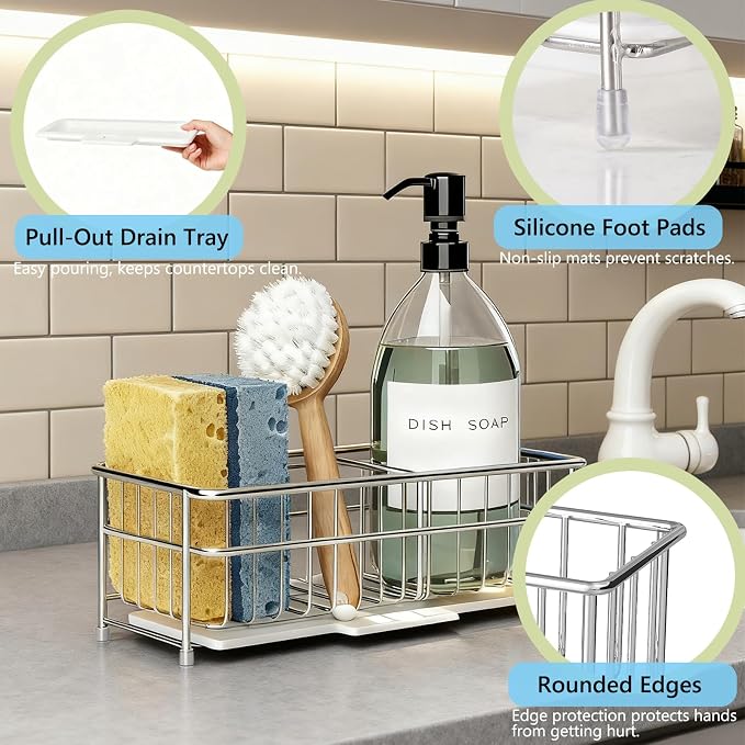 Kavciva Sink Caddy Sponge Holder, 304 Stainless Steel Dish Brush Holder - Image 5