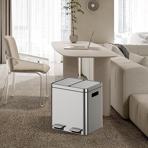 2 x 4 Gal Trash Can, Stainless Steel Triple Compartment Step-On Recycling Bin - Image 7
