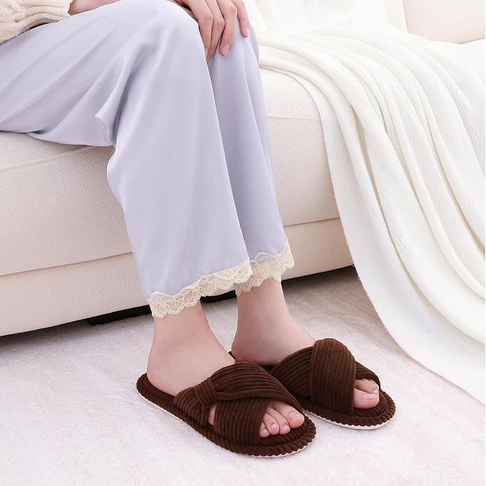 Evshine Summer House Slippers for Women Corduroy Cross Bow Indoor Slippers Open - Image 2