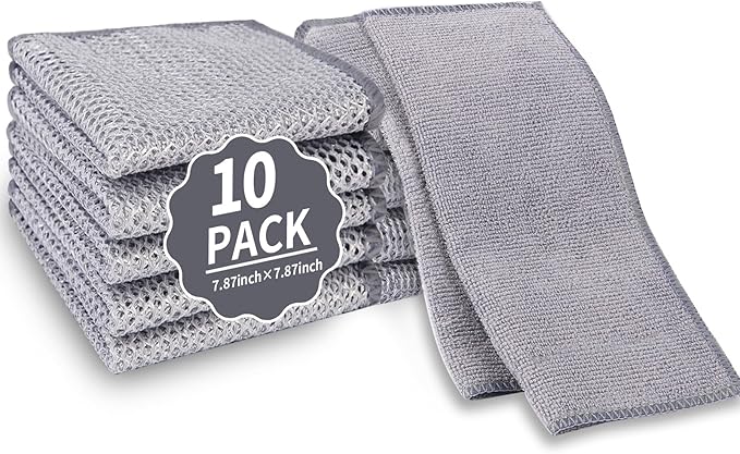 2 in 1 Stainless Steel Scrubber & Microfiber Cleaning Cloth, 10 Pack Towel & by PIPUHA