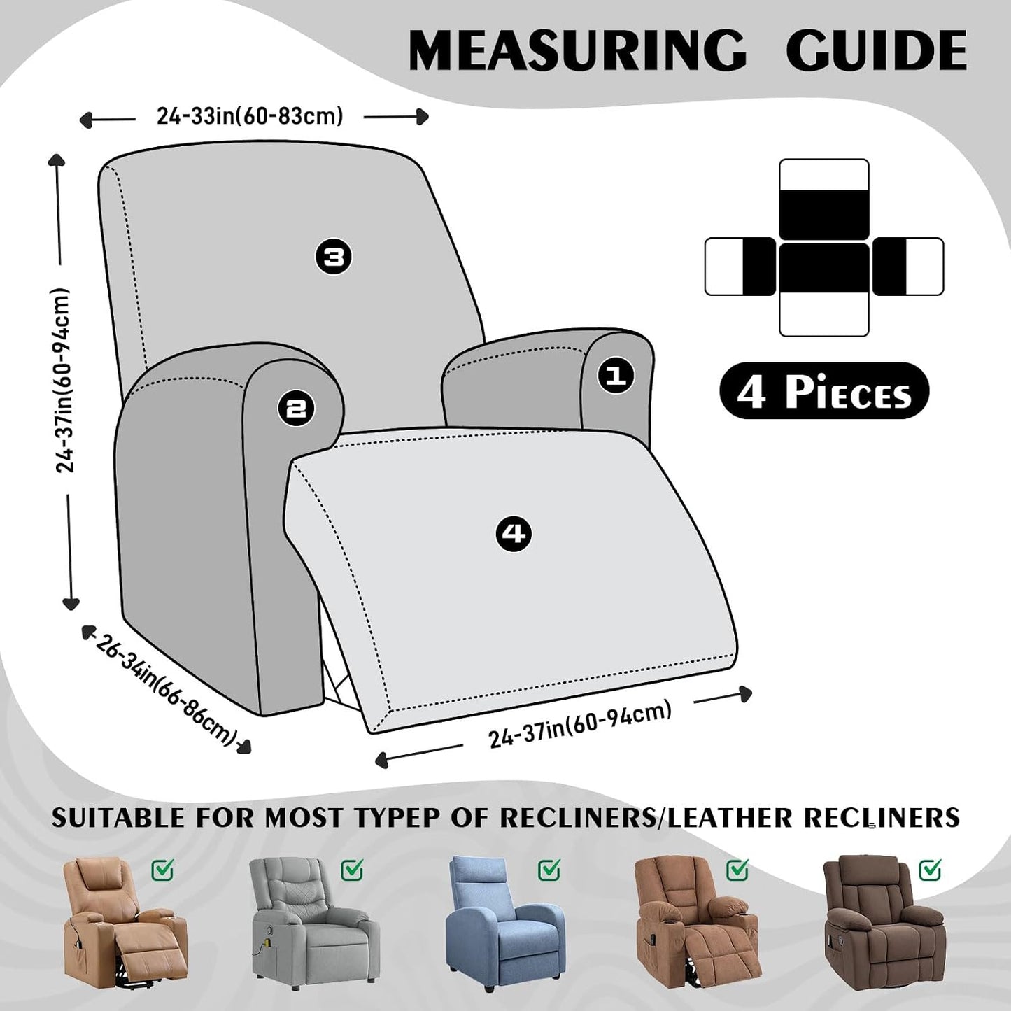 VANSOFY 4-Piece Stretch Recliner Chair Covers, Non-Slip Zebra Stripe Recliner Slipcovers with Elastic Bottom, Washable Furniture Protector for Pet Kids Friendly (1 Seater, Black)