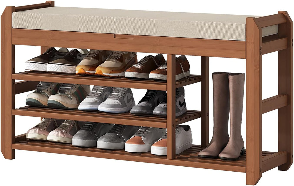 39.4" Entryway Shoe Rack Bench with Cushion, 3-Tier Storage Bench