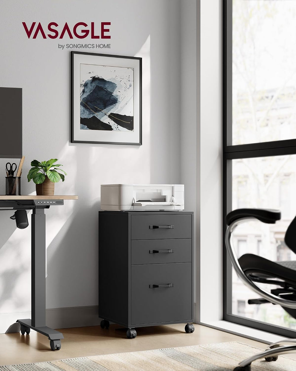 VASAGLE Mobile File Cabinet, 3 Drawers Filing Cabinet with Wheels