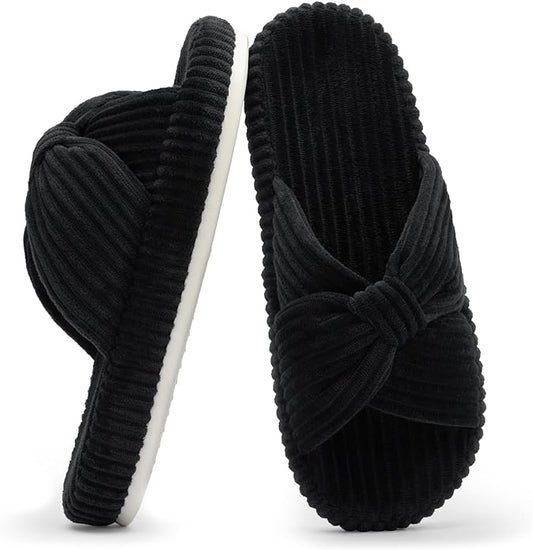 Chantomoo Slippers for Women Memory Foam House Bedroom Corduroy Bow Crossbands by Chantomoo