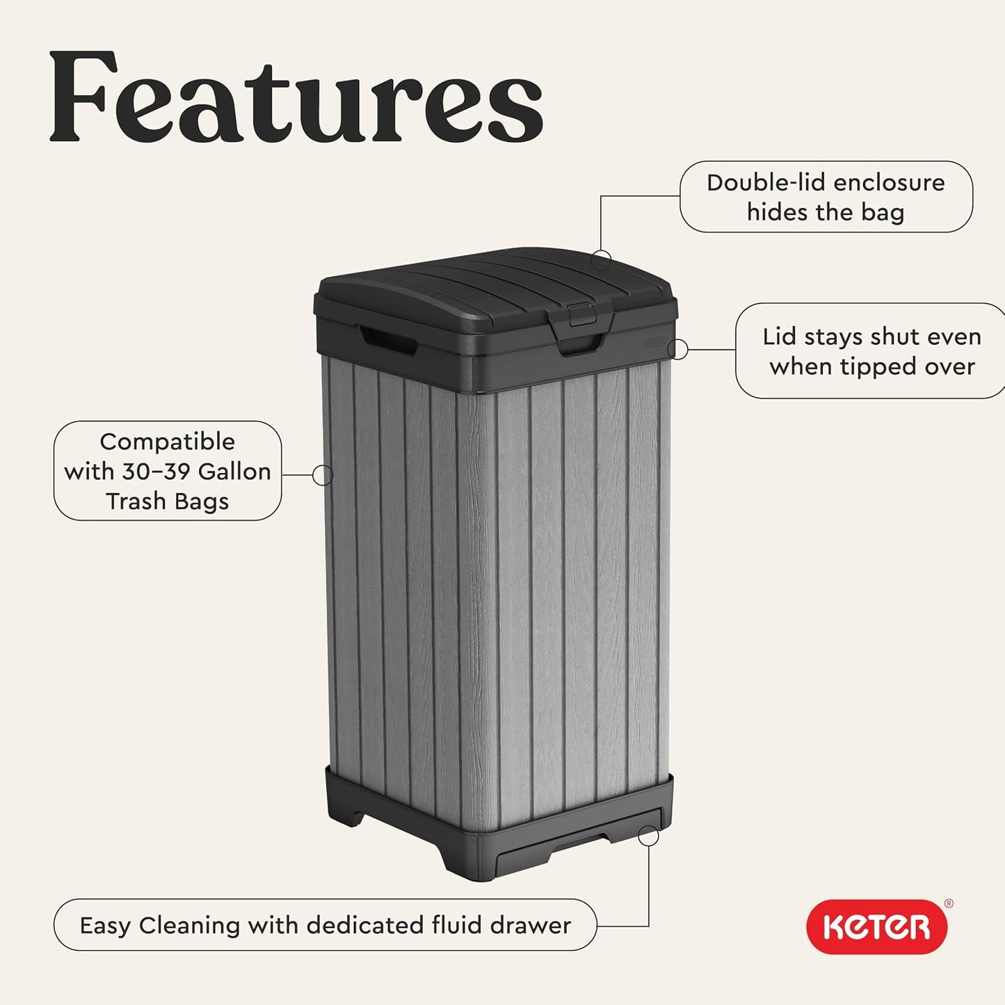 Keter Darwin Outdoor Trash Can, 38 Gallon Weather-Resistant Resin Waste Bin with Lid, Wood-Look Design for Patio, Deck, Porch & Backyard