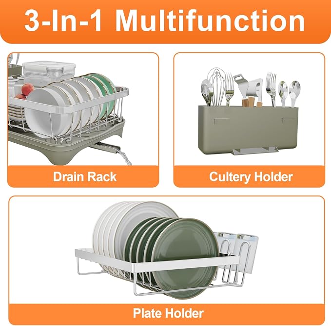 Dish Drying Rack, 2 -Tier 304 Stainless Steel Adjustable Spout Auto-Draining - Image 6