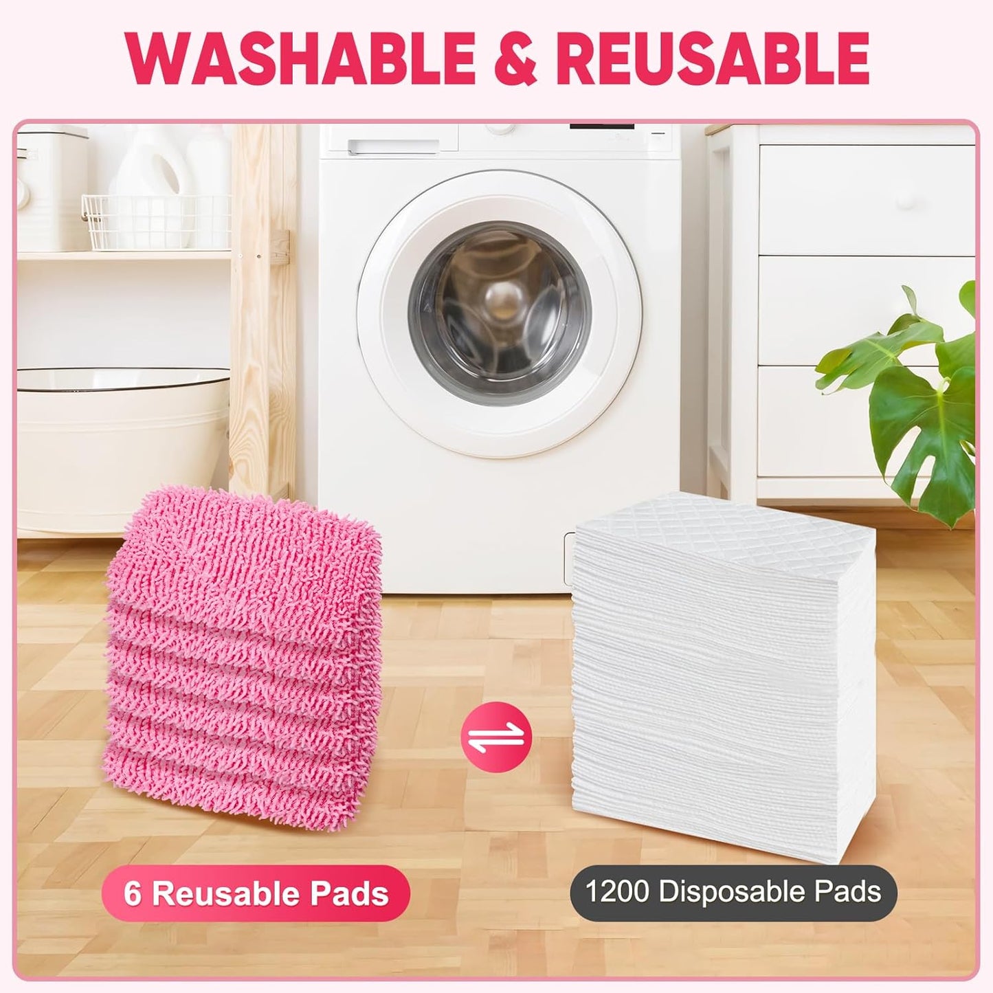 6 Pack Reusable Mop Pads Compatible with Swiffer Sweeper, Chenille Mop Refill Pads, Dry & Wet Mopping Cloths for Floor Cleaning -Pink