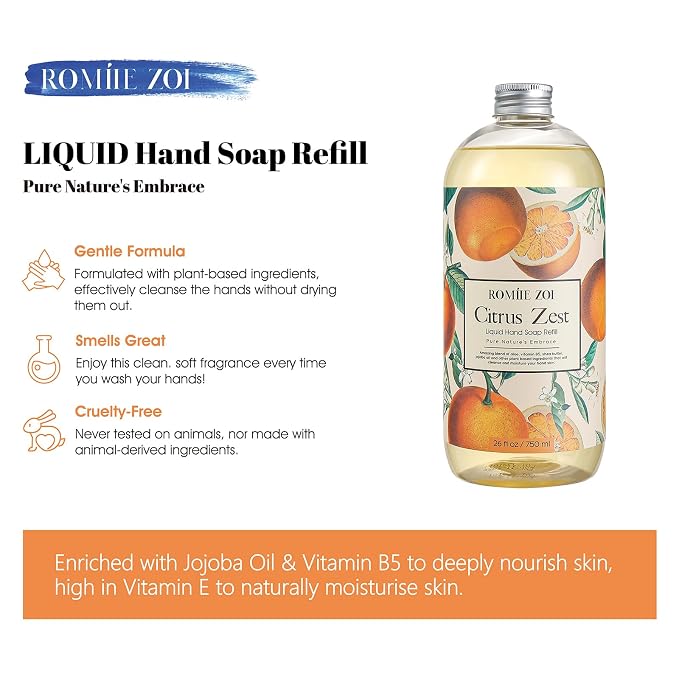 ROMIIE ZOI Liquid Hand Soap Refill, Citrus Zest, Gentle & Moisturizing Formula - Image 2