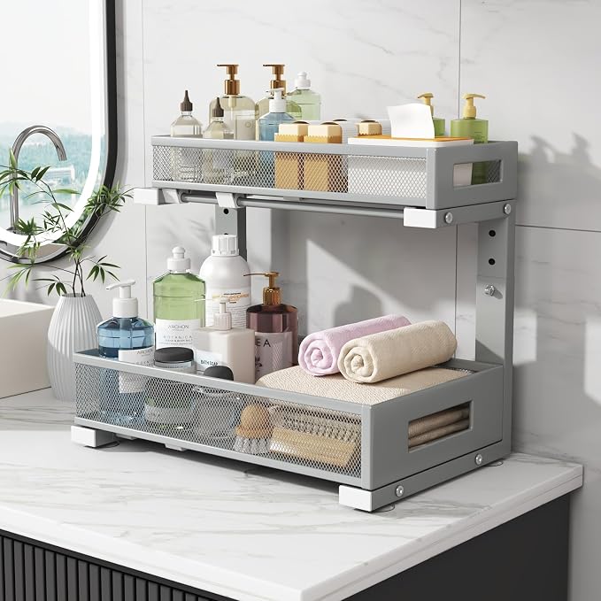 2-Pack Under Sink Storage Organizer, Large 2-Tier Elegant Mesh Pull Out Shelf - Image 7