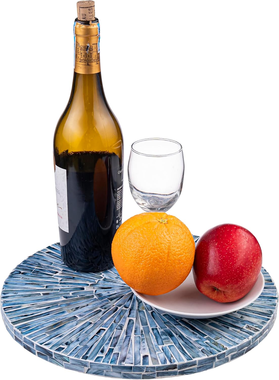 PEMAR 12.6” Handcrafted Mother of Pearl Blue Starburst Lazy Susan – Rotating Centerpiece for Dining Table, Elegant Beach House & Farmhouse Home Décor, Luxury Hostess & Housewarming Gift