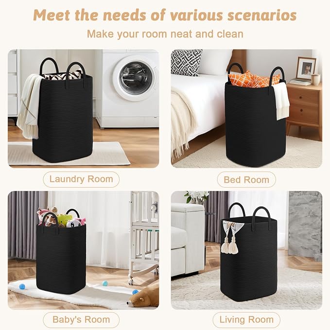 Laundry Basket, Woven Cotton Rope Laundry Hamper, 80L Versatile Storage - Image 5