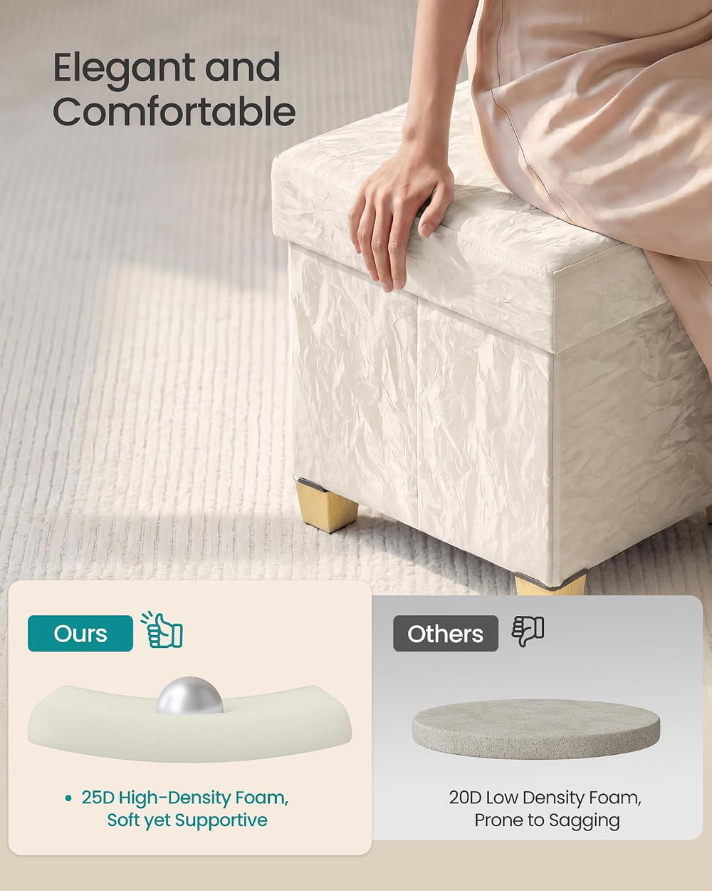 SONGMICS Storage Ottoman, Textured PU Leather Footstool with Cushion