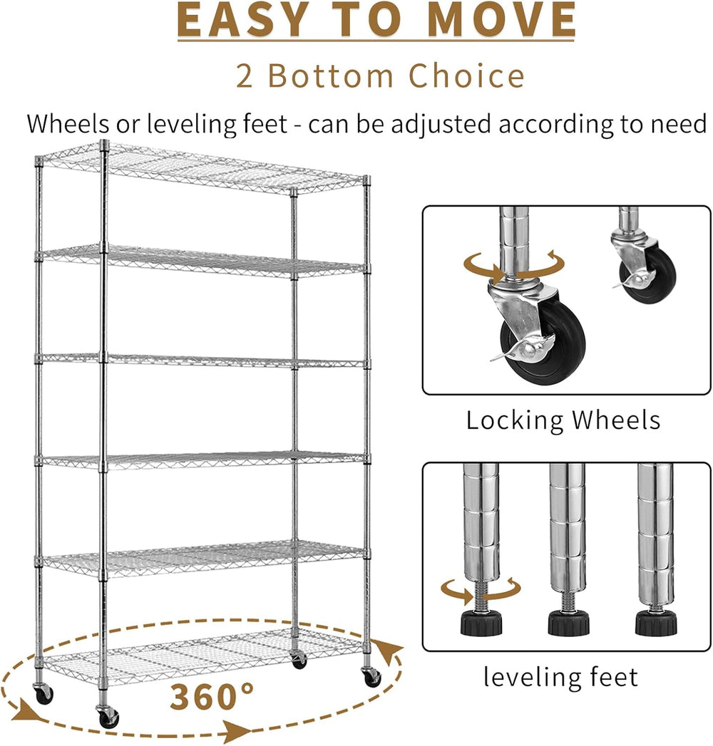 Wire Shelving Unit with Wheels, 6 Tier Adjustable Storage Shelves