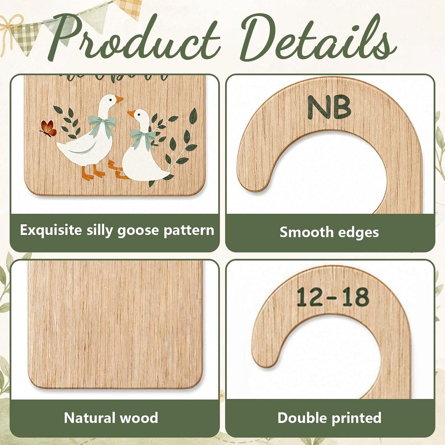 RattanView 7 Pcs Retro Goose Baby Closet Dividers for Clothes Organizer Double Sided Wooden Nursery Closet Dividers for Baby Boy Girl Newborn to 24 Months Home Nursery Supplies