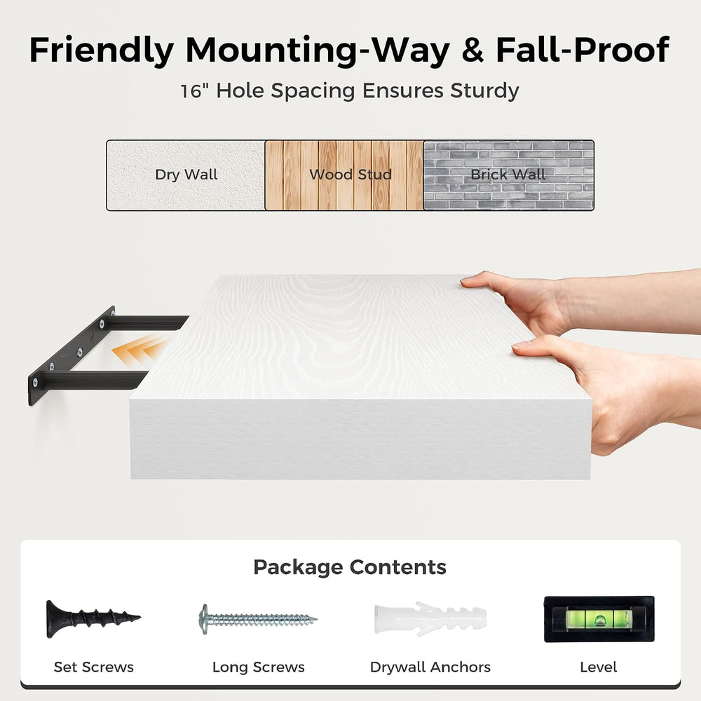 12 Inch Deep White Floating Shelves, 24 x 12 Floating Shelf for Books, Rustic...