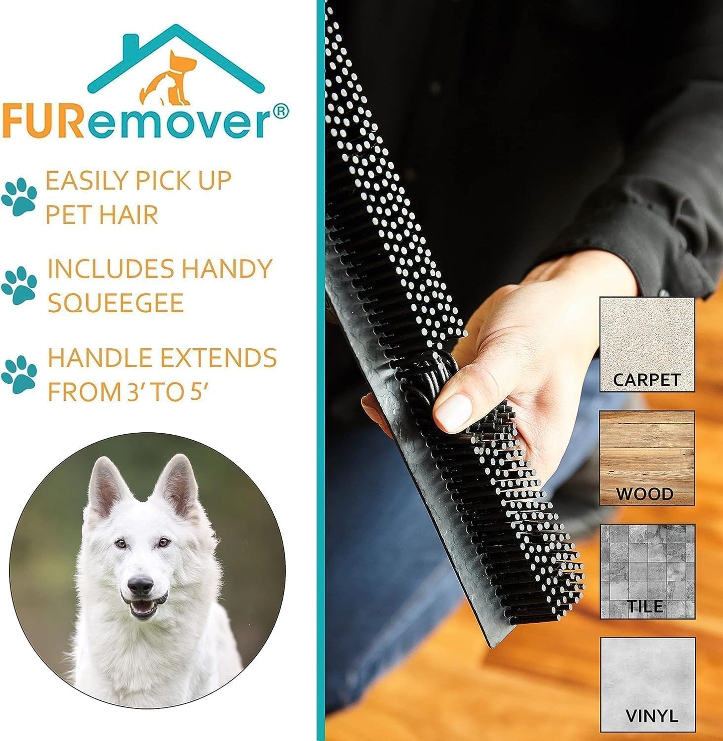 FURemover Pet Hair Removal Rubber Broom, 58" Telescopic Handle
