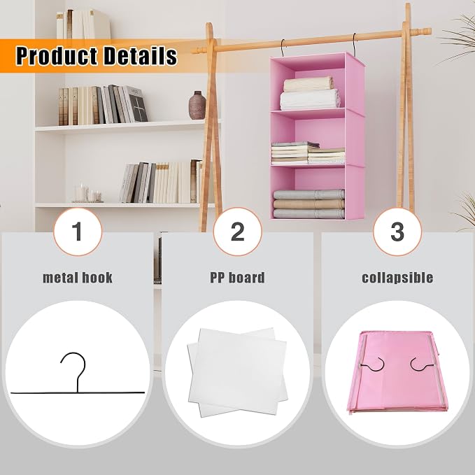 Hanging Closet Organizer and Storage 3-Shelf, Easy Mount Foldable Hanging - Image 5