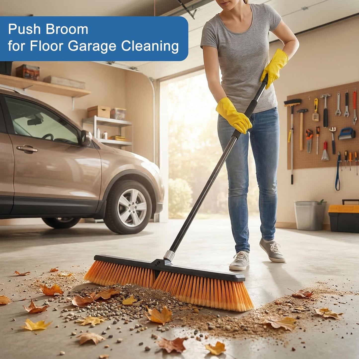 PBHEPJ 18 Inchs Push Broom Outdoor Heavy Duty, Shop Broom with 60" Long Handle for Cleaning Outdoor or Indoor Tile, Garage, Shop, Deck, Concrete, Wood, Stone, Patio Floor
