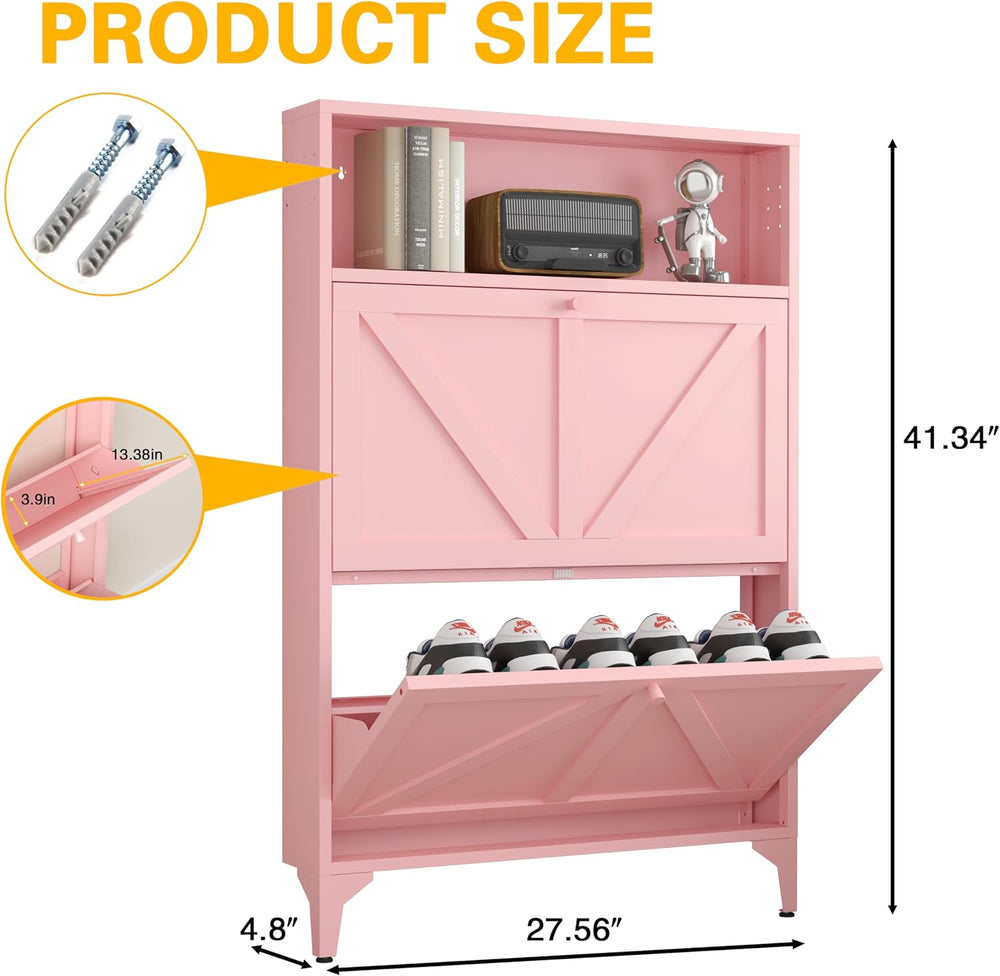 Shoe Cabinet with 2 Flip Drawers, Narrow Shoe Storage Cabinet, Farmhouse Shoe...