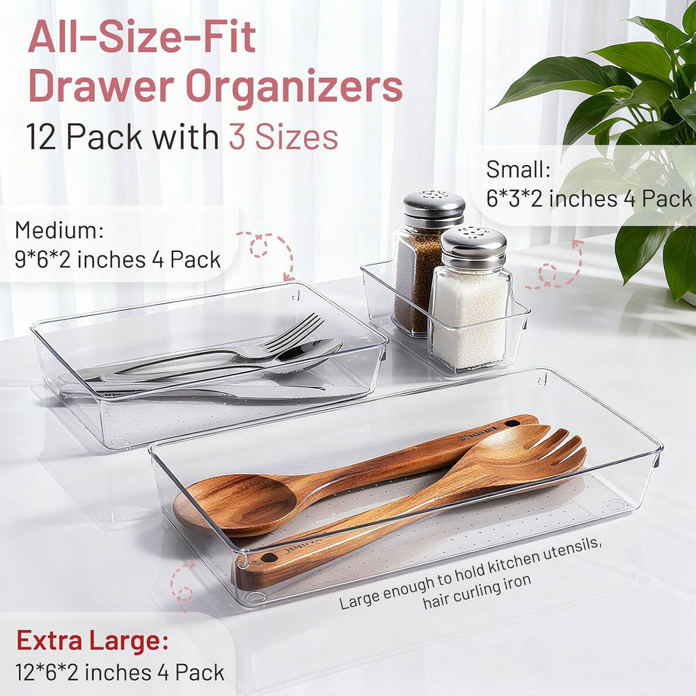 12 Pack Large Drawer Organizer Bins - Clear Plastic Bathroom Drawer Organizer...