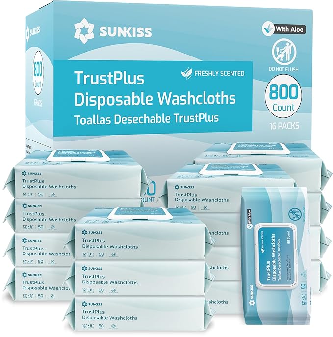 SUNKISS Trustplus Wet Wipes for Adult No Rinse, Extra Large 8”x12” Body by SUNKISS