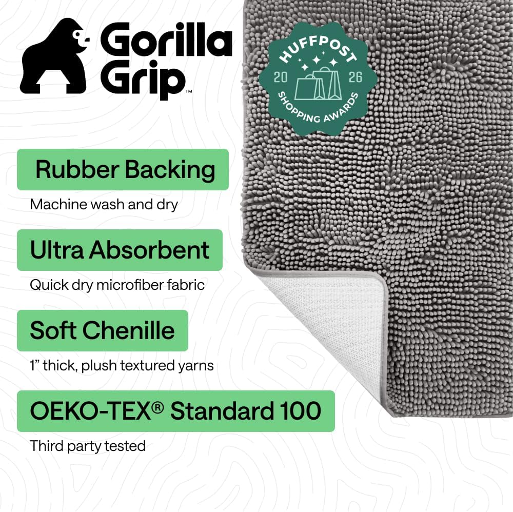 GORILLA GRIP Bath Rug Mat, Thick Soft Absorbent Chenille, Quick Dry Microfiber Mats, Rubber Backing, Machine Washable Shower Floor Rugs, Bathroom Bathmat Home Decor Accessories, 24x17 Grey