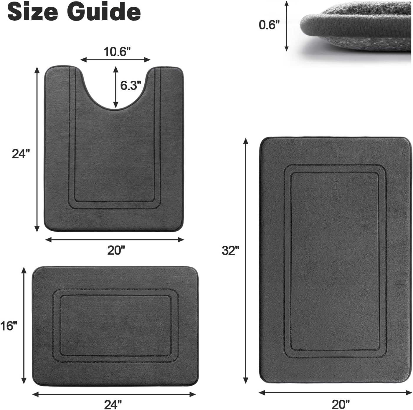 YIHOUSE Memory Foam Bath Mat Set, Non Slip Bath Mats for Bathroom, Super Soft and Water Absorbent Bath Rug Set, Machine Washable U Shape Toilet Mats, Dark Grey