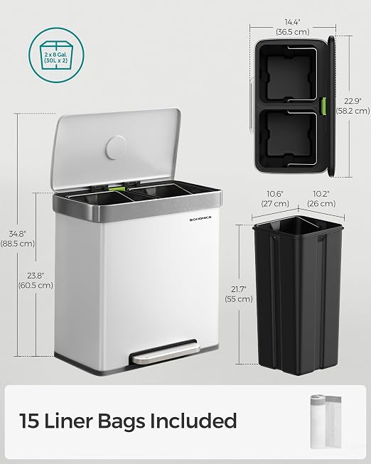 SONGMICS Kitchen Trash Can, 16 Gallon Dual Compartment Garbage Can, 60L Pedal - Image 5