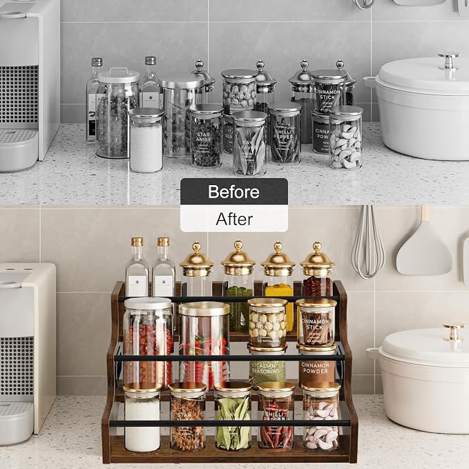 AT-VALY 3-Tier Spice Rack, Iron&MDF Kitchen Storage Shelf, Space-Saving - Image 7