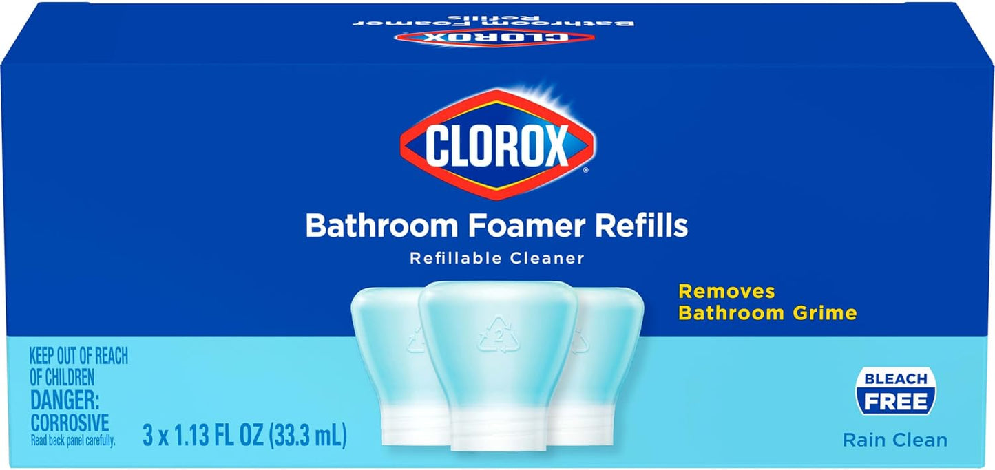 Clorox Bleach-Free Bathroom Foamer Refill Pods, Household Essentials, Rain Clean, 3 Spray Refills