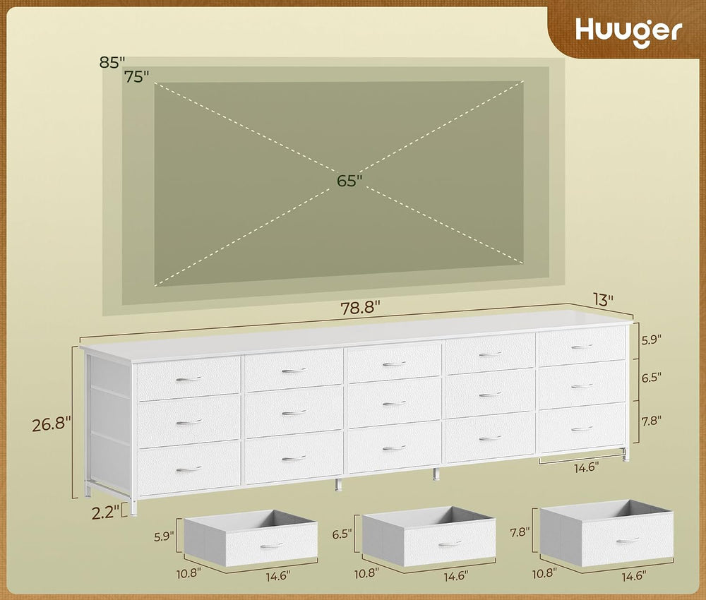 Huuger 78.7 inch Long Dresser for Bedroom, 15 Drawer Fabric Dresser for Close...