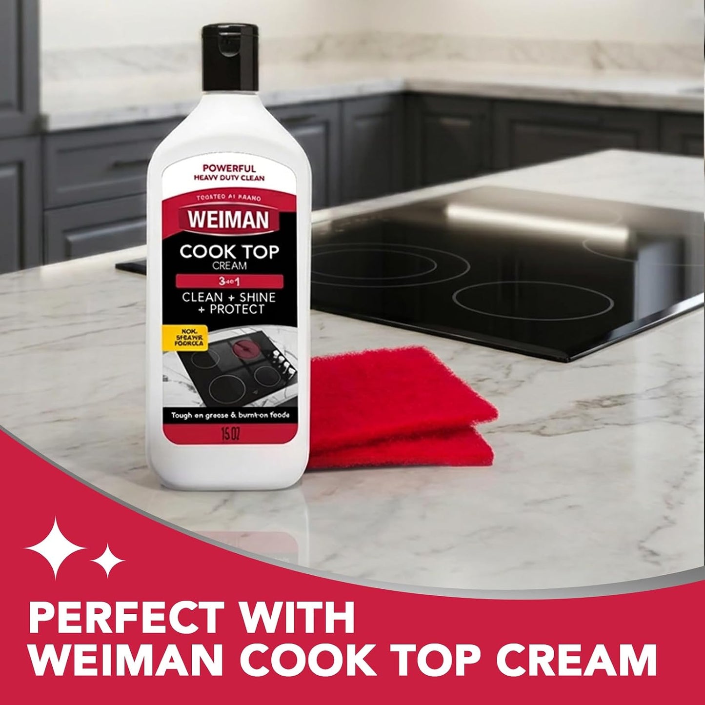 Weiman 3 Count Cooktop Scrubbing Pads, Removes Burnt-on Food, Scratch Free | Non-Abrasive for Burnt-On Food & Grease, Safe for Ceramic, Electirc, Gas & Induction Cooktop, Sink, Showers, Dishes & Tub