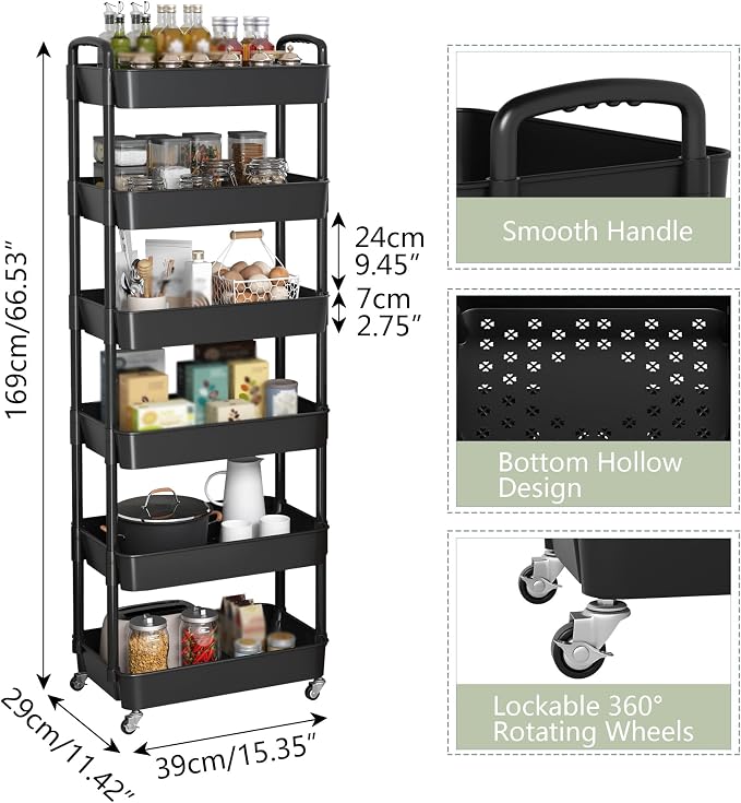 Sywhitta 6-Tier Plastic Rolling Utility Cart - Image 6