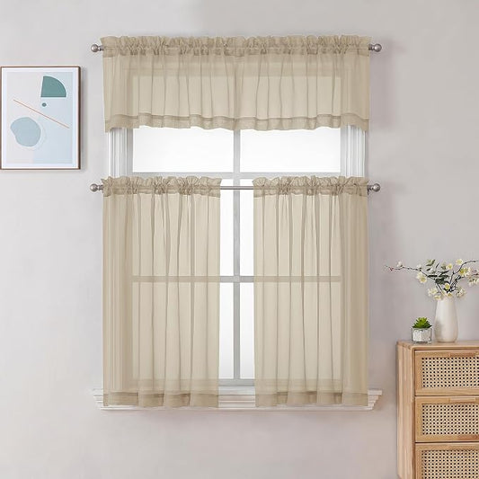 Chyhomenyc Taupe Sheer Curtains 30 inch Length 2 Panels, Light Filtering Voile - Image 2