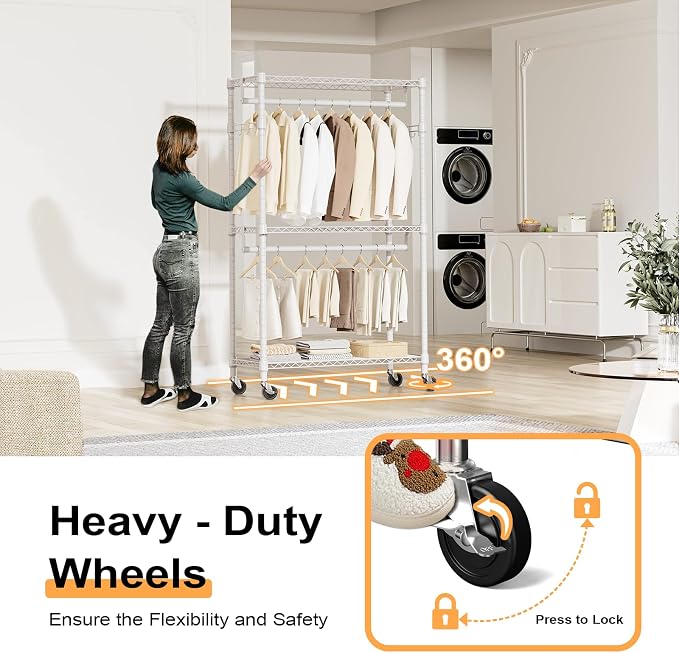 Heavy Duty Rolling Garment Rack 3 Tiers Adjustable Wire Shelving Clothes Rack - Image 4