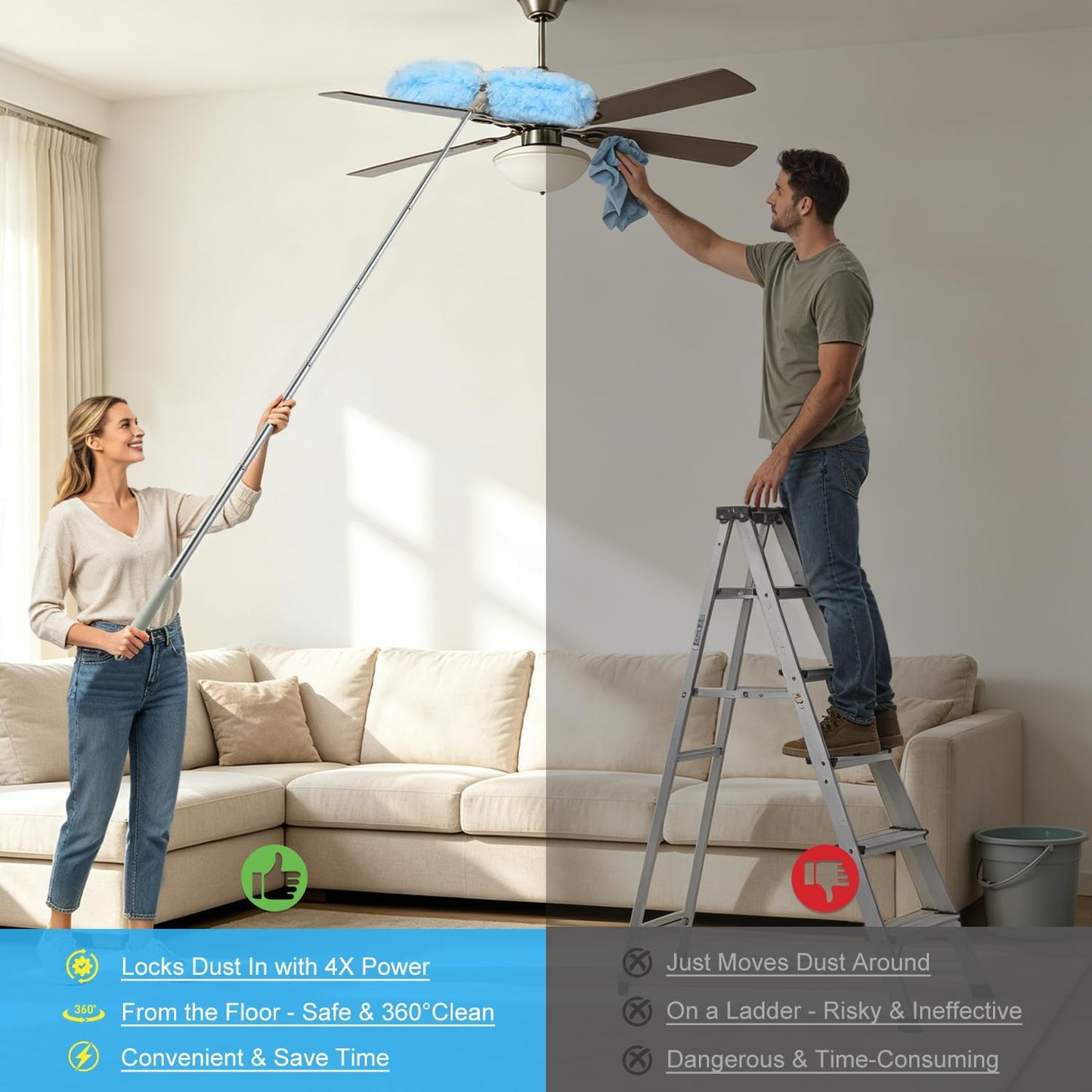 Duster Kit with 6 Ft Extendable Handle & 20 Refills - Long Reach Microfiber Dusters for Cleaning High Ceilings, Fans, Blinds,Wall - Traps 4X More Dust - Complete Dusting Wand for Home Office