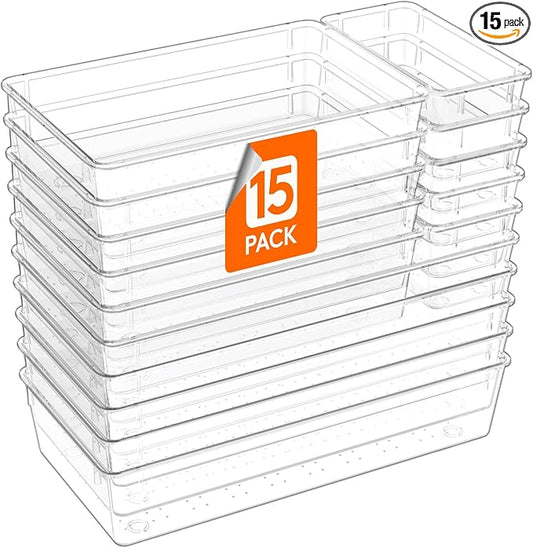 Lifewit 15 Pcs Large Bathroom Drawer Organizers, 3 Sizes Clear Plastic Storage by Lifewit