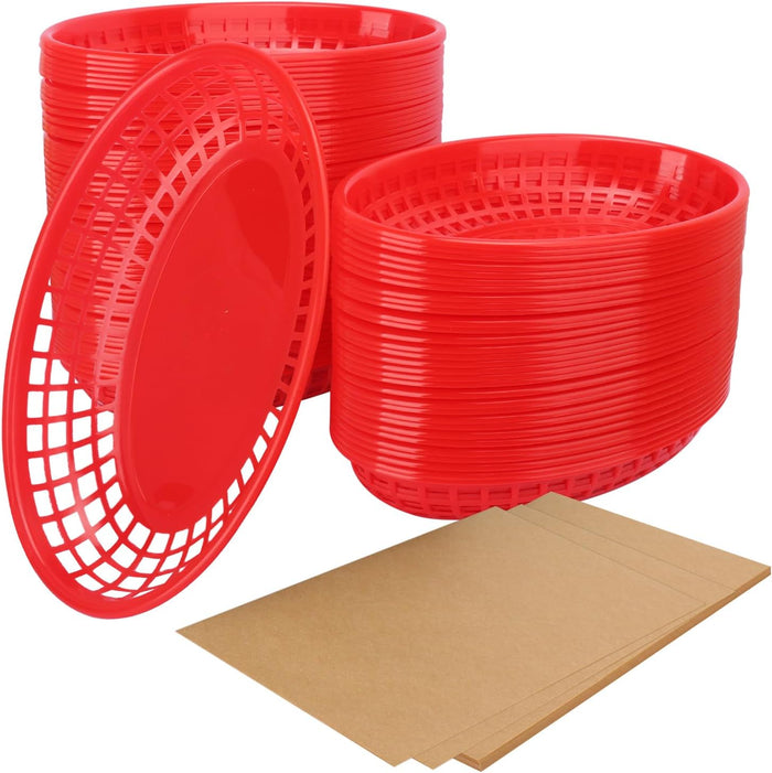 100 Pcs 9 x 5.7 Inch Red Oval Fast Food Baskets, Sturdy Plastic Food Serving Baskets with 100 Sheets Deli Paper Liners for Parties, Picnics, BBQs and Snacks, by KUKLIPJIM