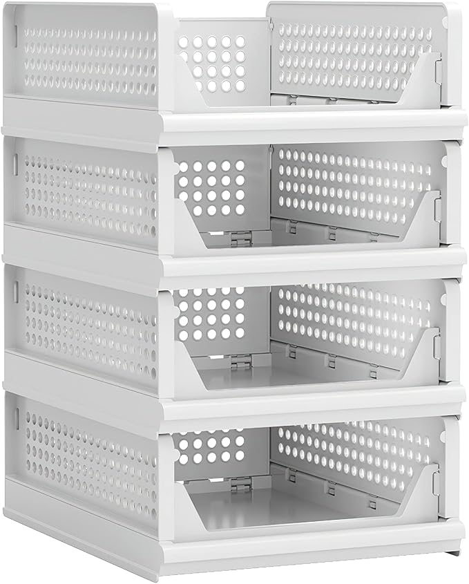 Proarea 4 Pack Stackable Plastic Storage Basket Closet Organizer Bin Foldable by Proarea