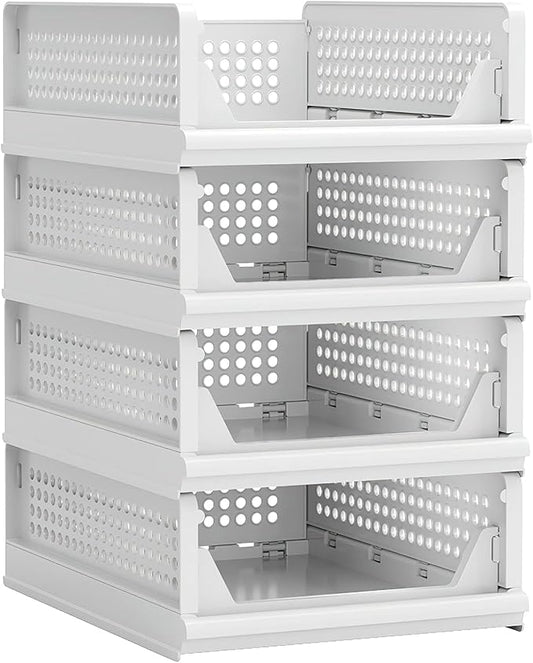 Proarea 4 Pack Stackable Plastic Storage Basket Closet Organizer Bin Foldable by Proarea